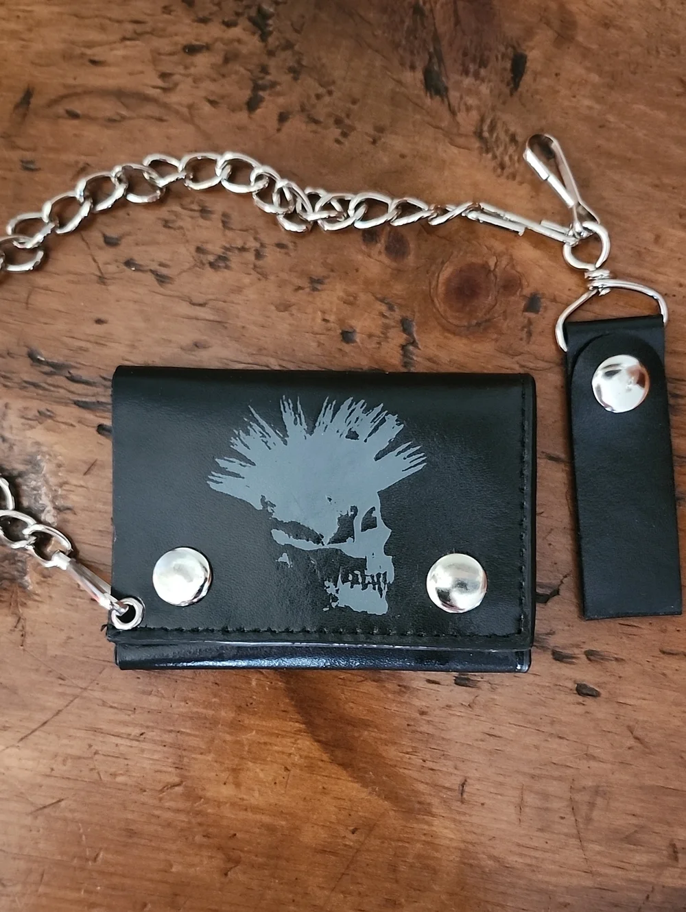 Tri-Fold Leather Black Punk Skull Chain Wallet with Key Strap